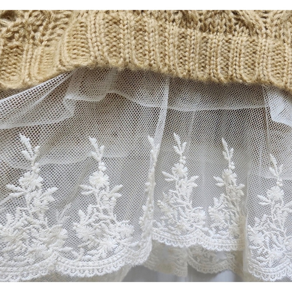 Pol Cable Open Knit Yellow Sweater Floral Lace Hem Raglan Sleeve Oversized S - Picture 7 of 13